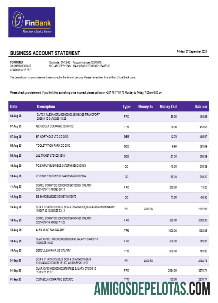 Declaração de empresa de negócios Finbank do Burundi em formato Word e PDF amostra